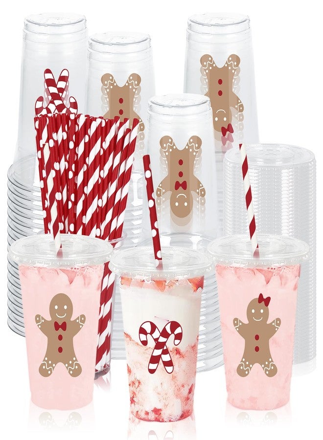 JarThenaAMCS 60Pcs Christmas Plastic Cups with Lids Straws Drinking Cup 12oz Gingerbread Man Candy Cane Disposable Cups for Xmas Winter Holiday - Image 1